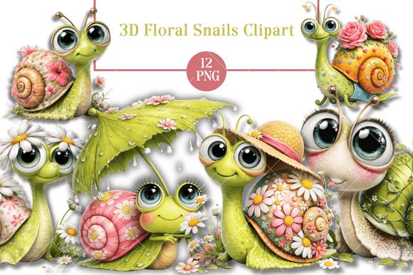 3D Floral Snails Clipart: Whimsical Design Assets