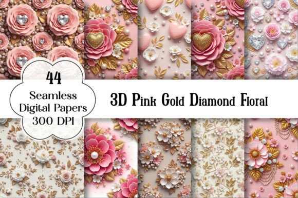 3D Pink Gold Diamond Floral Digital Paper for Luxury Design
