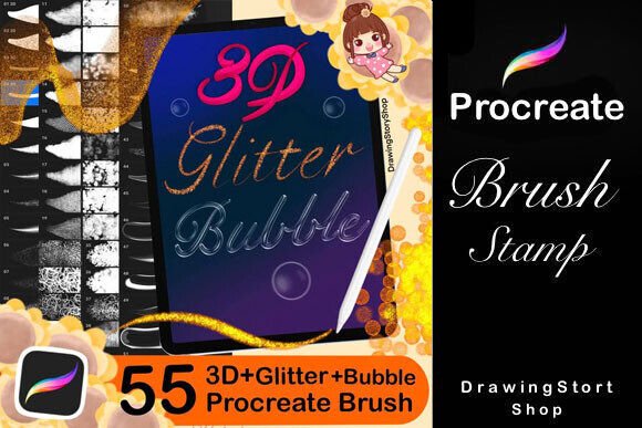 55Procreate Glitter+3D Lettering+Bubbles: Digital Art Magic
