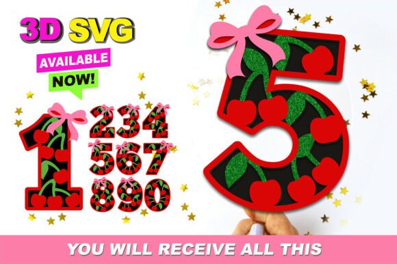 Cherry Numbers 3D SVG: Instant Download for Creative Projects