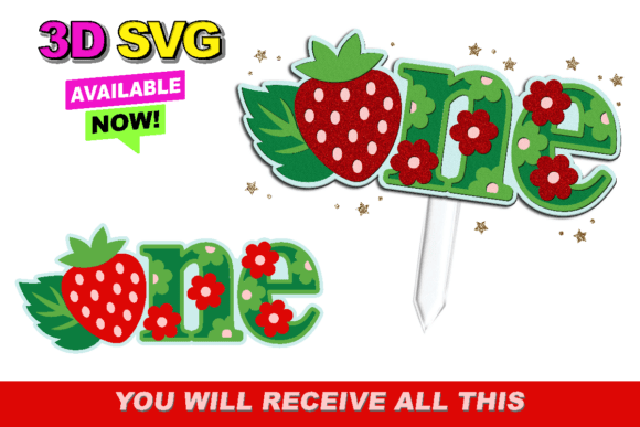 One Strawberry Cake Topper 3D SVG