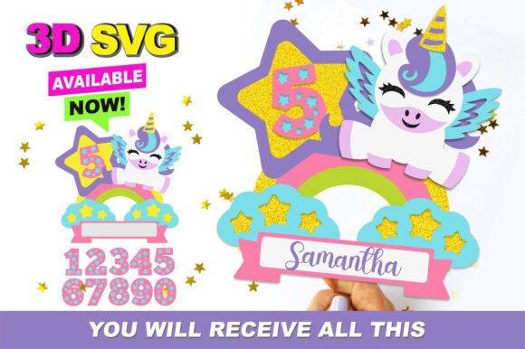 Unicorn Rainbow Cake Topper 3D SVG
